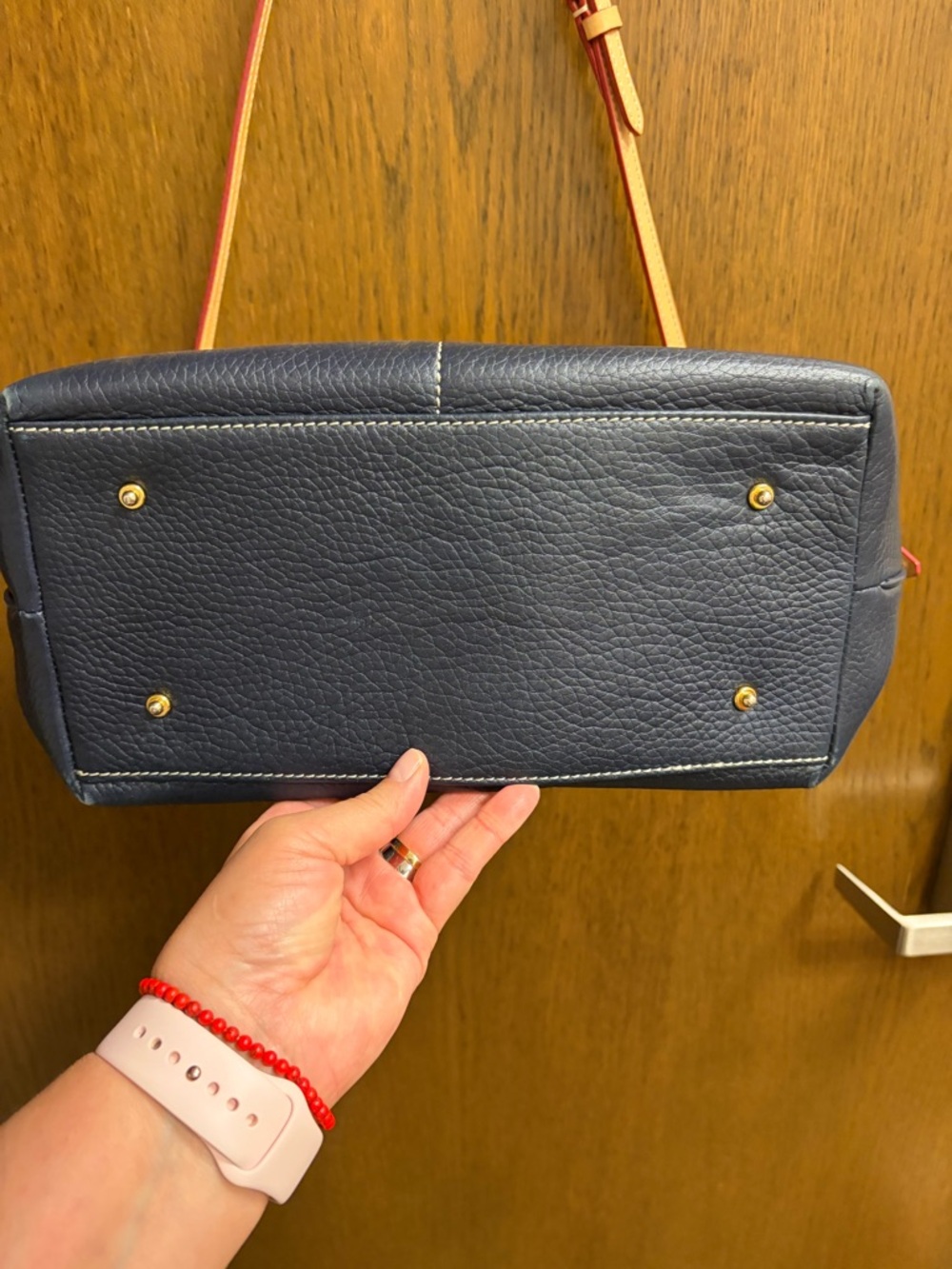 Dooney & Bourke Navy Pebble Leather Satchel with Tan Trim and Red Accents - Picture 4 of 4